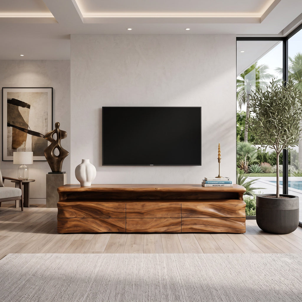 Sculptural Solid Wood TV Console with Shelf and Drawers - view 8
