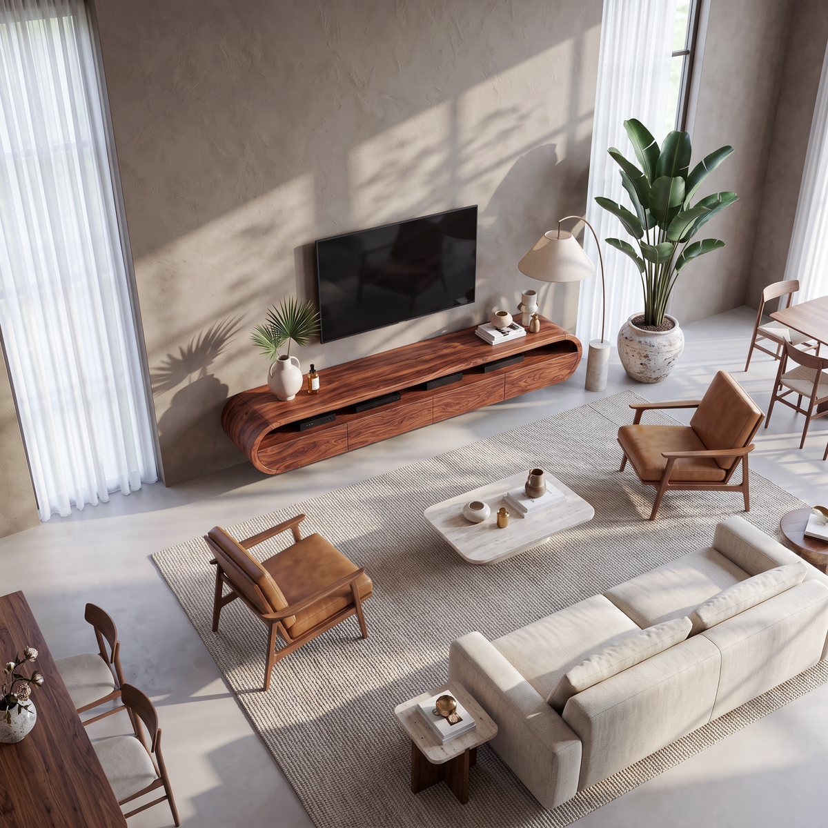 Modern Floating Solid Wood TV Console with Rounded Contours - view 3