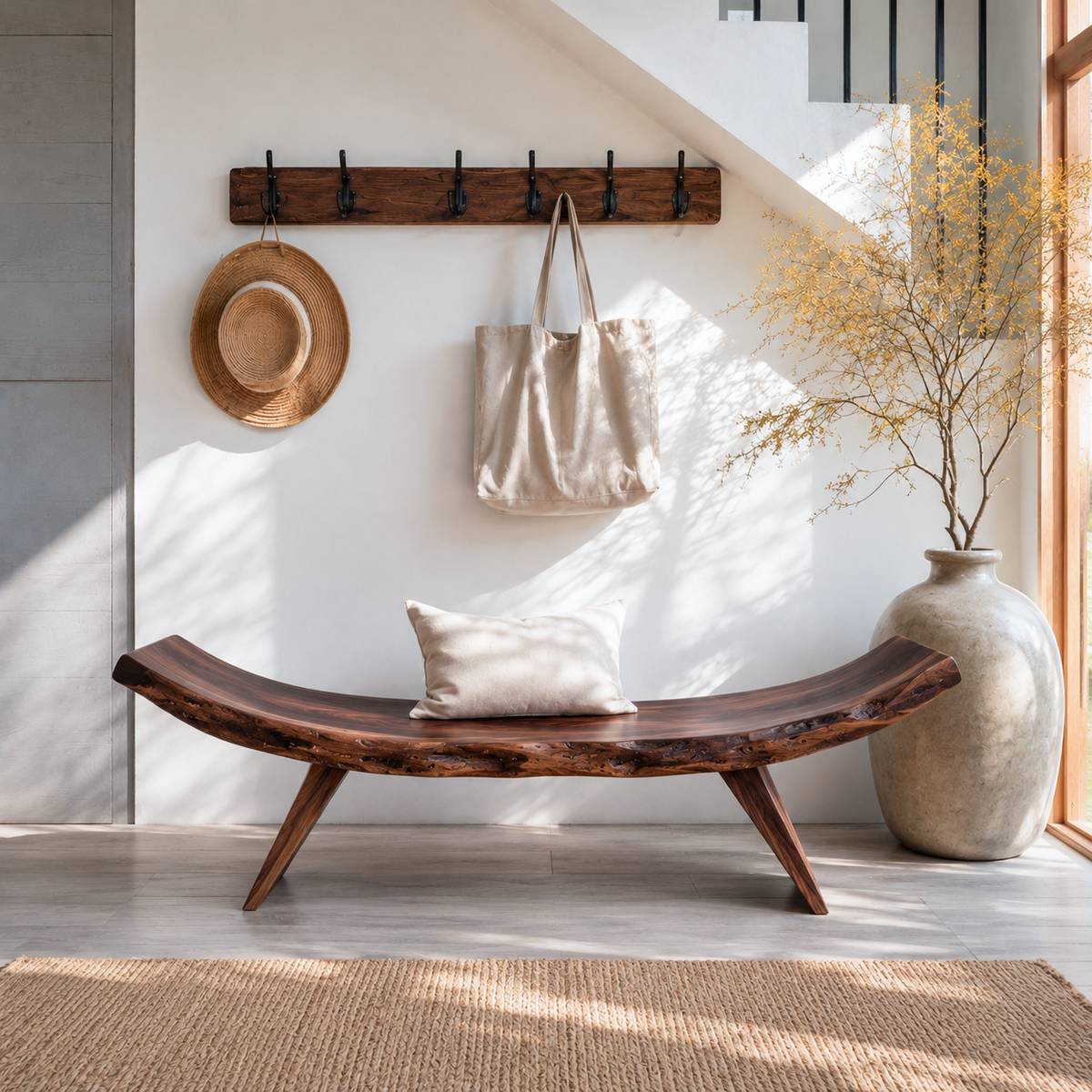 Rustic Live Edge Solid Wood Entryway Bench with Organic Curves - view 3