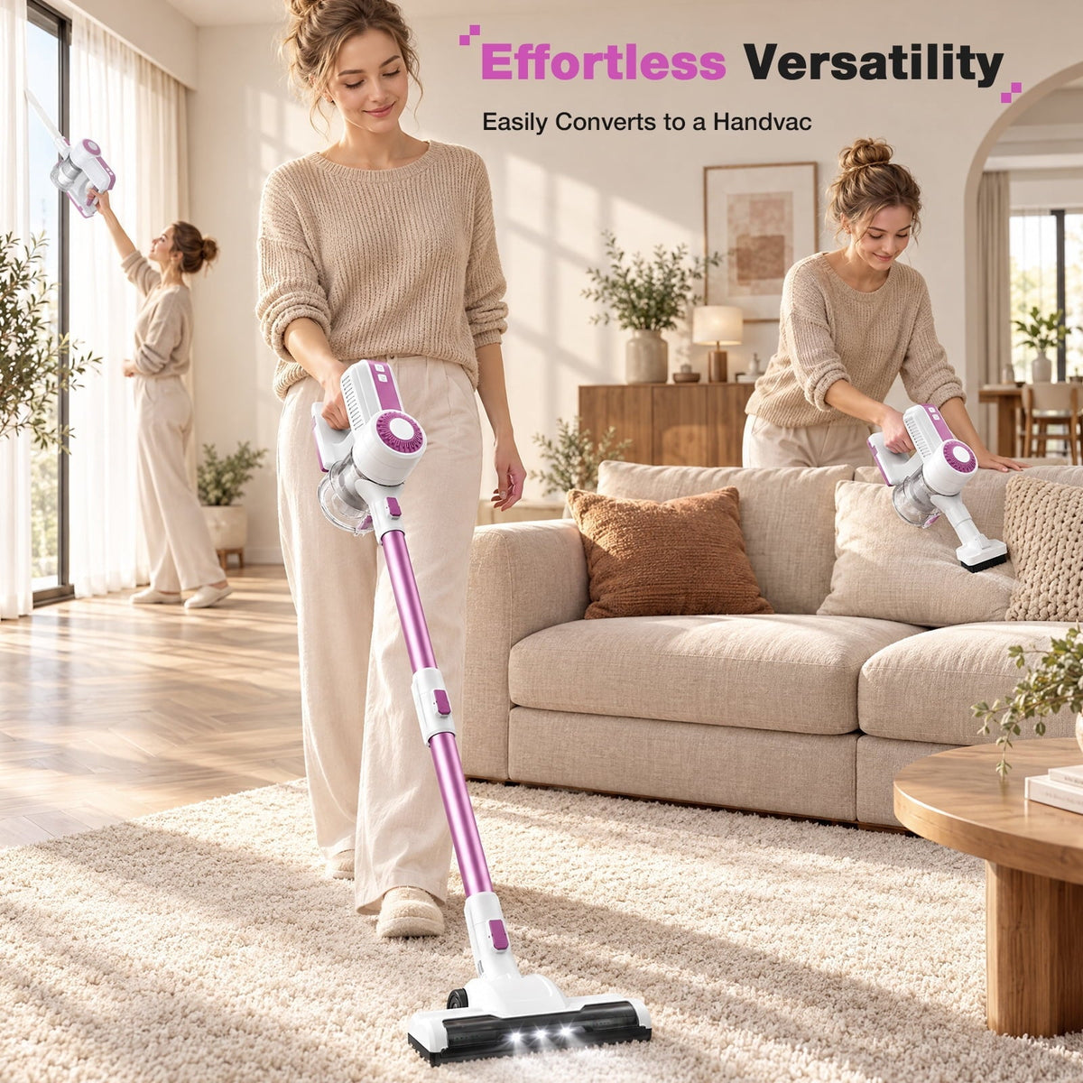 MOOSOO Stick Vacuum Cleaner, 6-in-1 Lightweight Cordless Vacuum for Hard Floor Carpet Pet Hair, L12 Pink