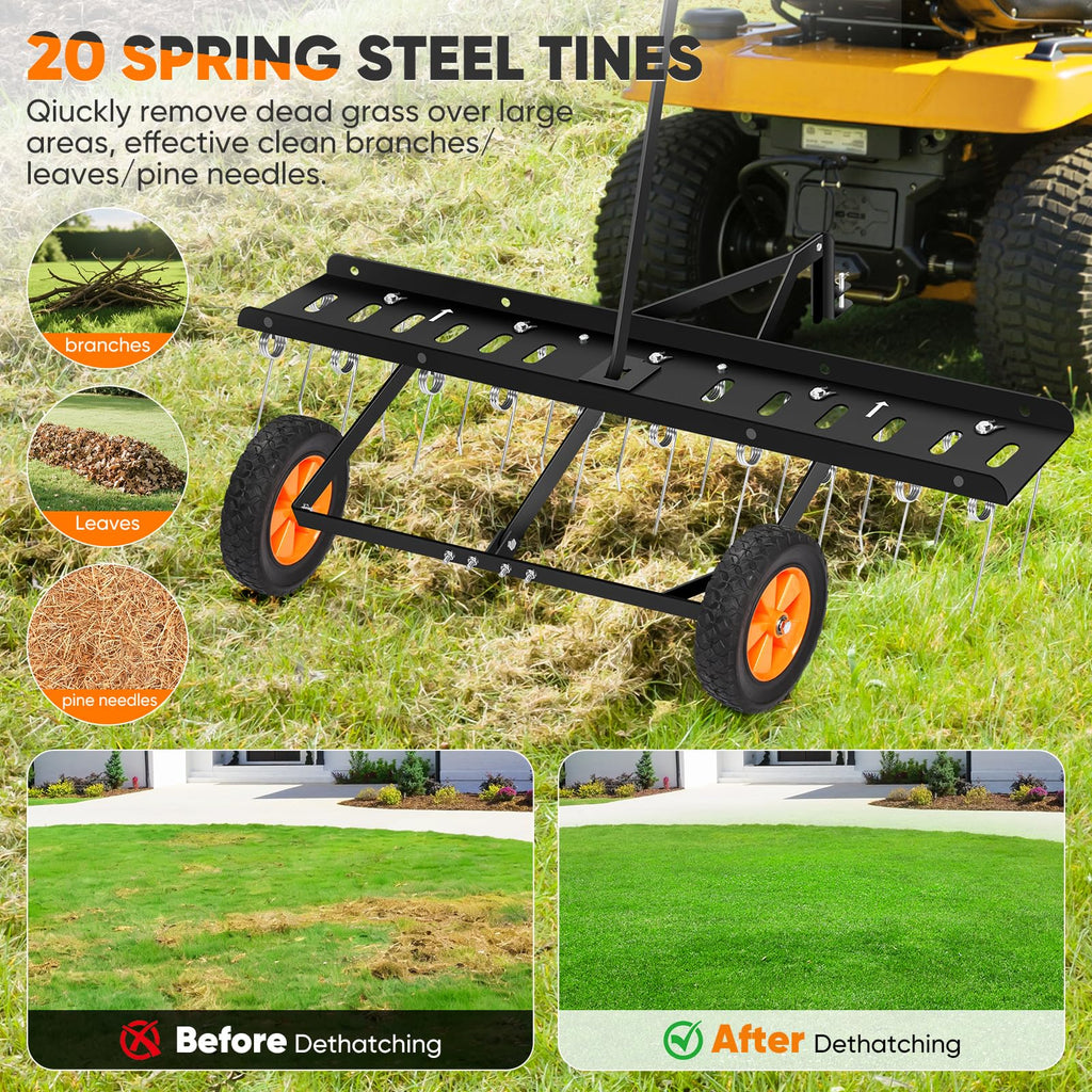 48-Inch Tow Behind Dethatcher, Pull Behind Lawn Dethatcher with 20 Spring Steel Tines, Lawn Grass Dethatcher Tractor Rake, Adjustable Hitch Riding