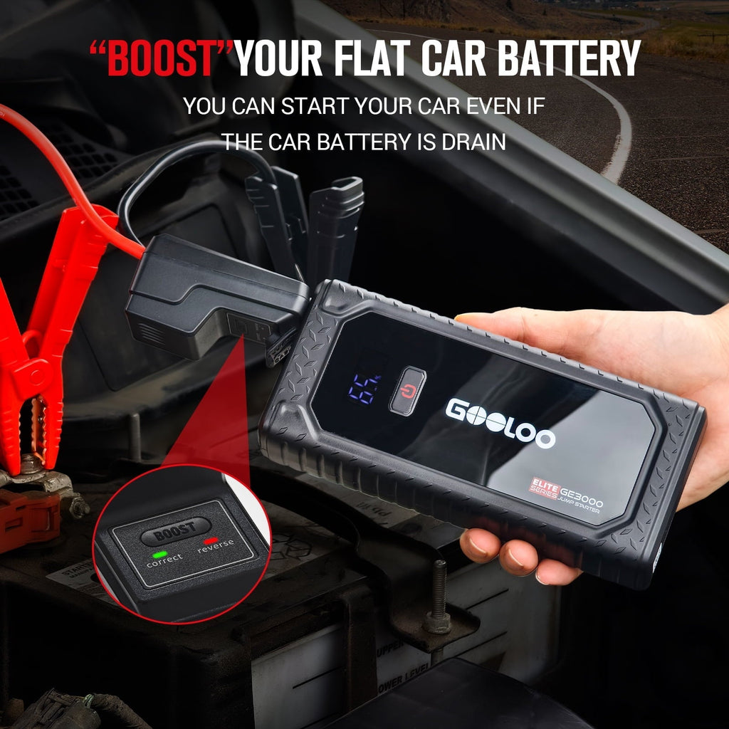 GOOLOO GE3000 Car Jump Starter, 3000A Portable Jump Box & Battery Booster with Smart Jumper Cables, 12V Jump Starter for Up to 8.5L Gas/6.0L Diesel