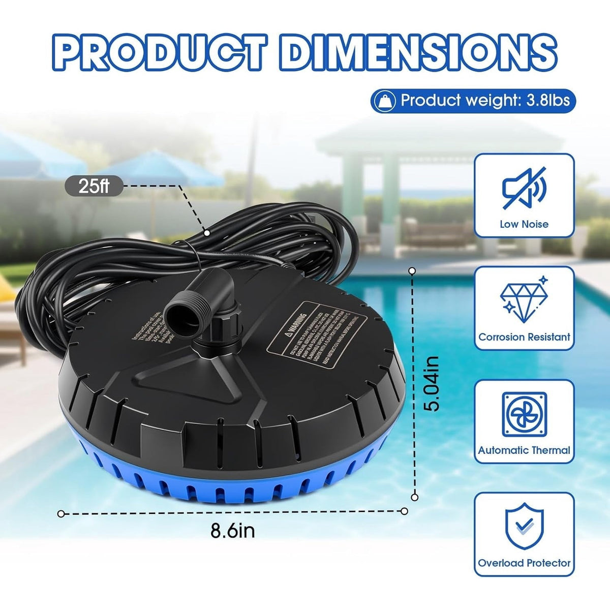 LHUKSGF Automatic Pool Cover Pump, 1500 GPH, Automatic