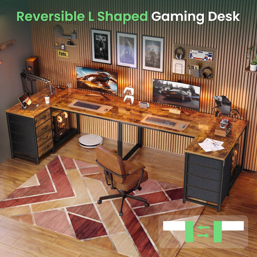 Amadwell 43.3" Small L Shaped Desk, 2 Storage Shelves, Reversible Computer Desk, Power Outlets & 4 Drawers, Home Office Desk for Gaming Writing