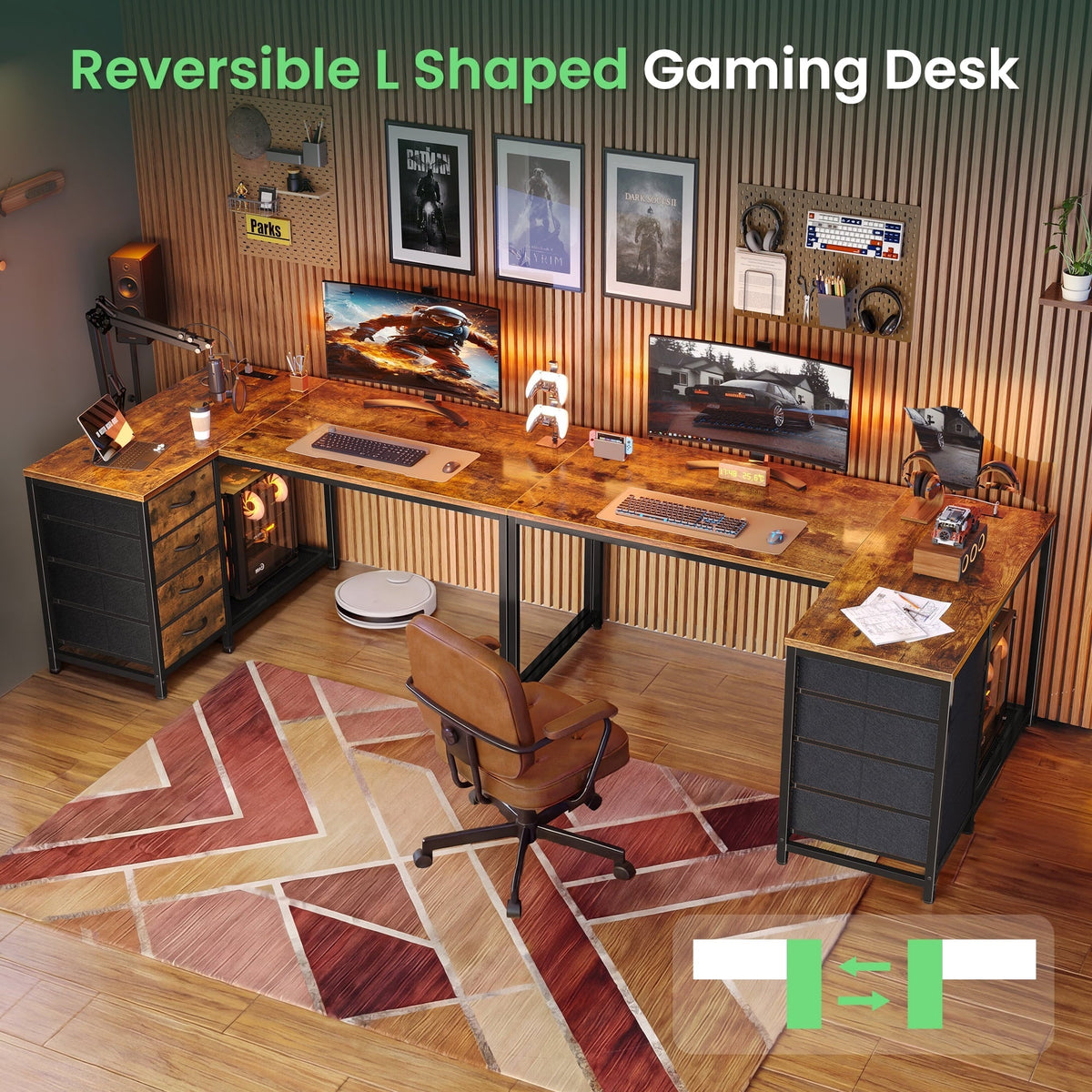 Amadwell 43.3" Small L Shaped Desk, 2 Storage Shelves, Reversible Computer Desk, Power Outlets & 4 Drawers, Home Office Desk for Gaming Writing