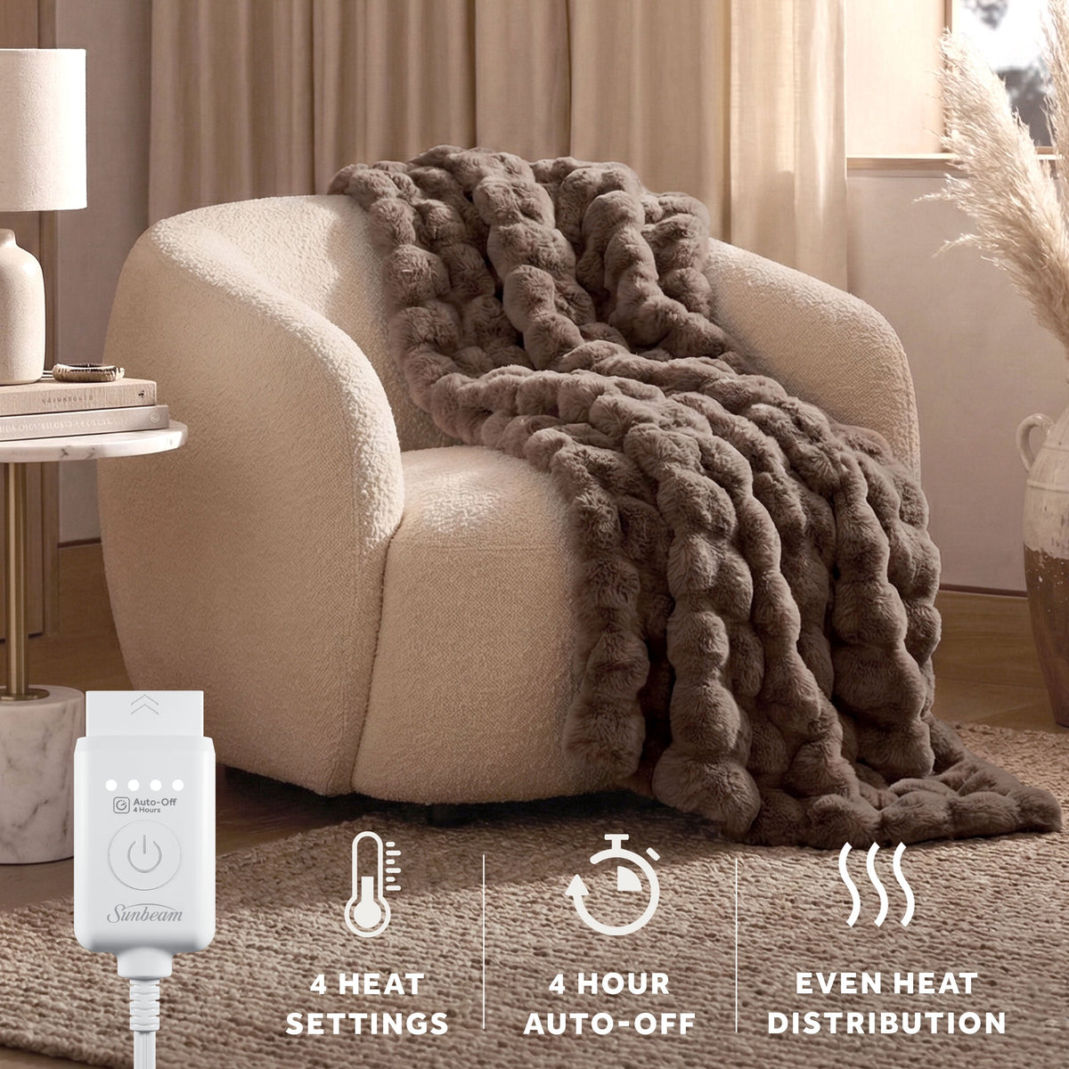 Sunbeam Heated Electric Bubble Faux Fur Throw Blanket, Luxury Collection, Brown, 4 Heat Settings, 50 x 70 in