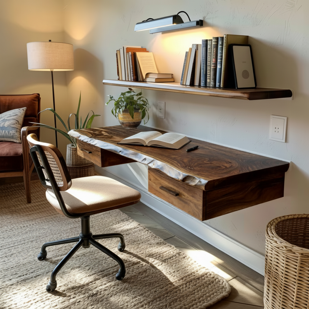 Live Edge Solid Wood Floating Wall Desk with Drawers - view 2