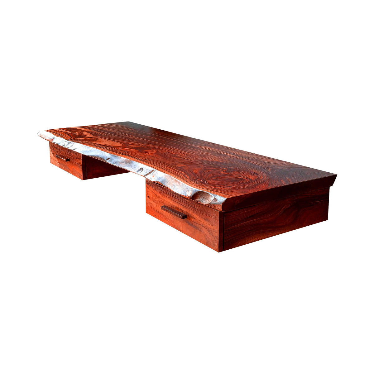 Live Edge Solid Wood Floating Wall Desk with Drawers in Mahogany finish
