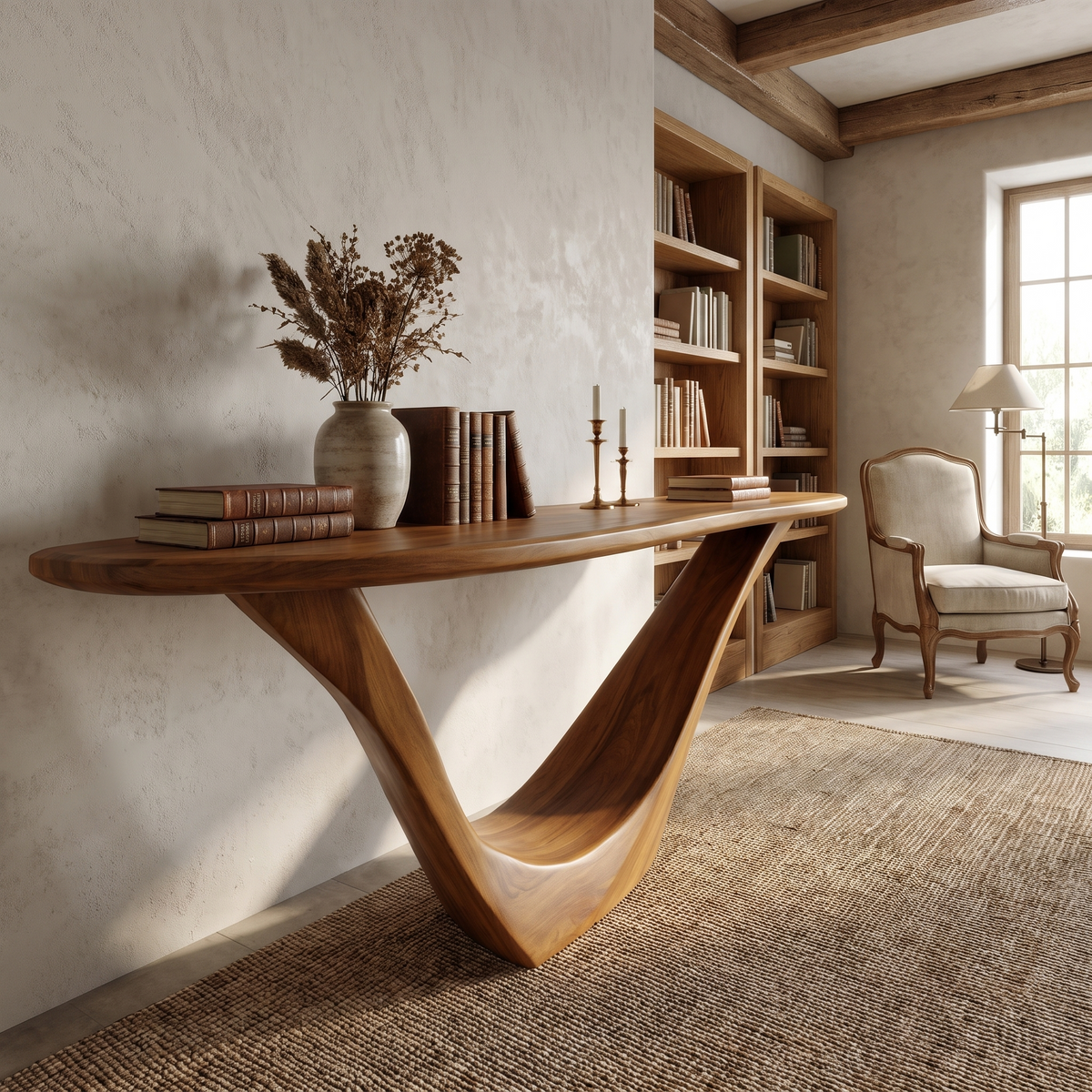 Solid Hardwood Console Table with Open Geometric Sculpted Base in Brown finish