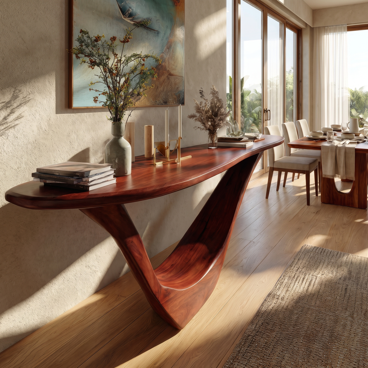 Solid Hardwood Console Table with Open Geometric Sculpted Base in Mahogany finish
