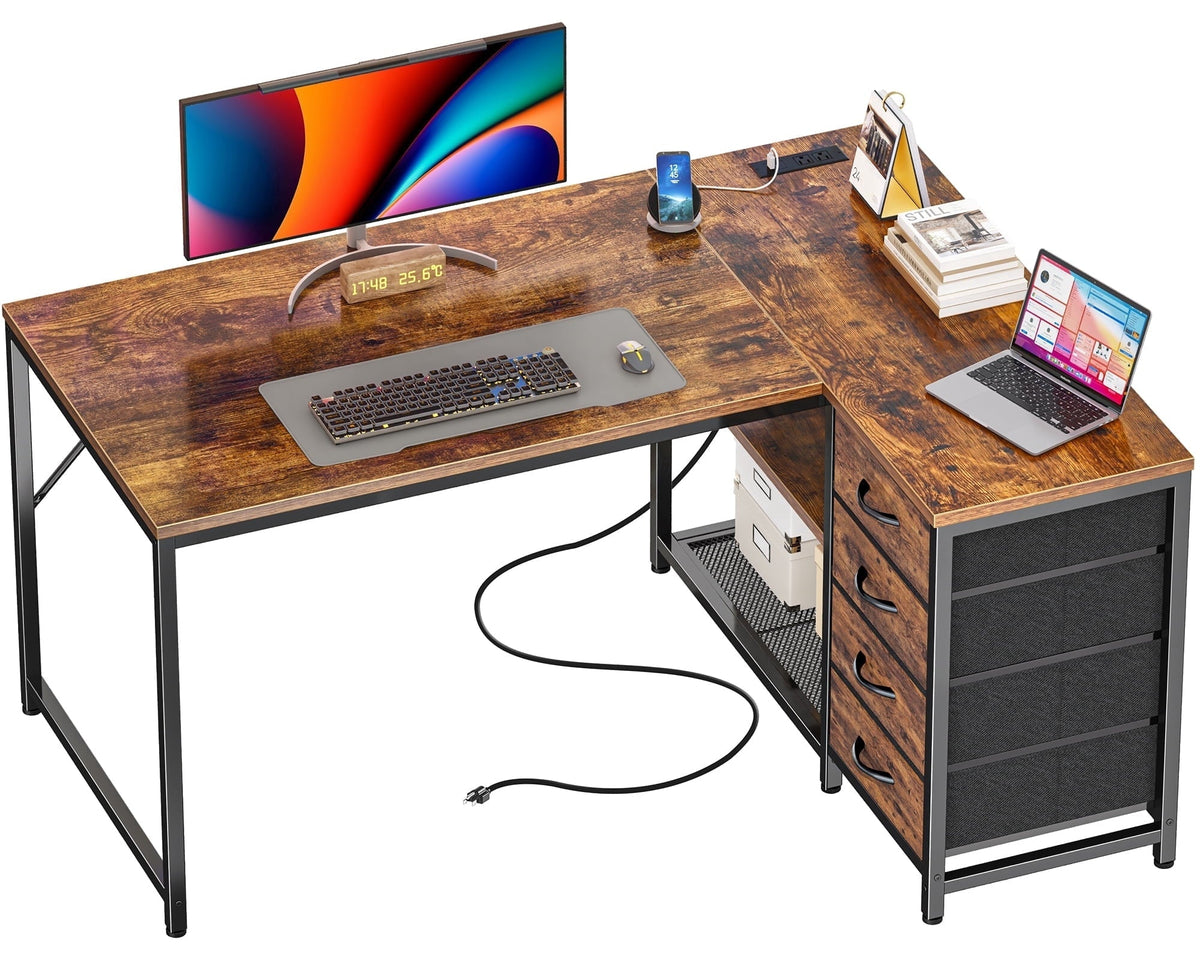 Amadwell 43.3" Small L Shaped Desk, 2 Storage Shelves, Reversible Computer Desk, Power Outlets & 4 Drawers, Home Office Desk for Gaming Writing