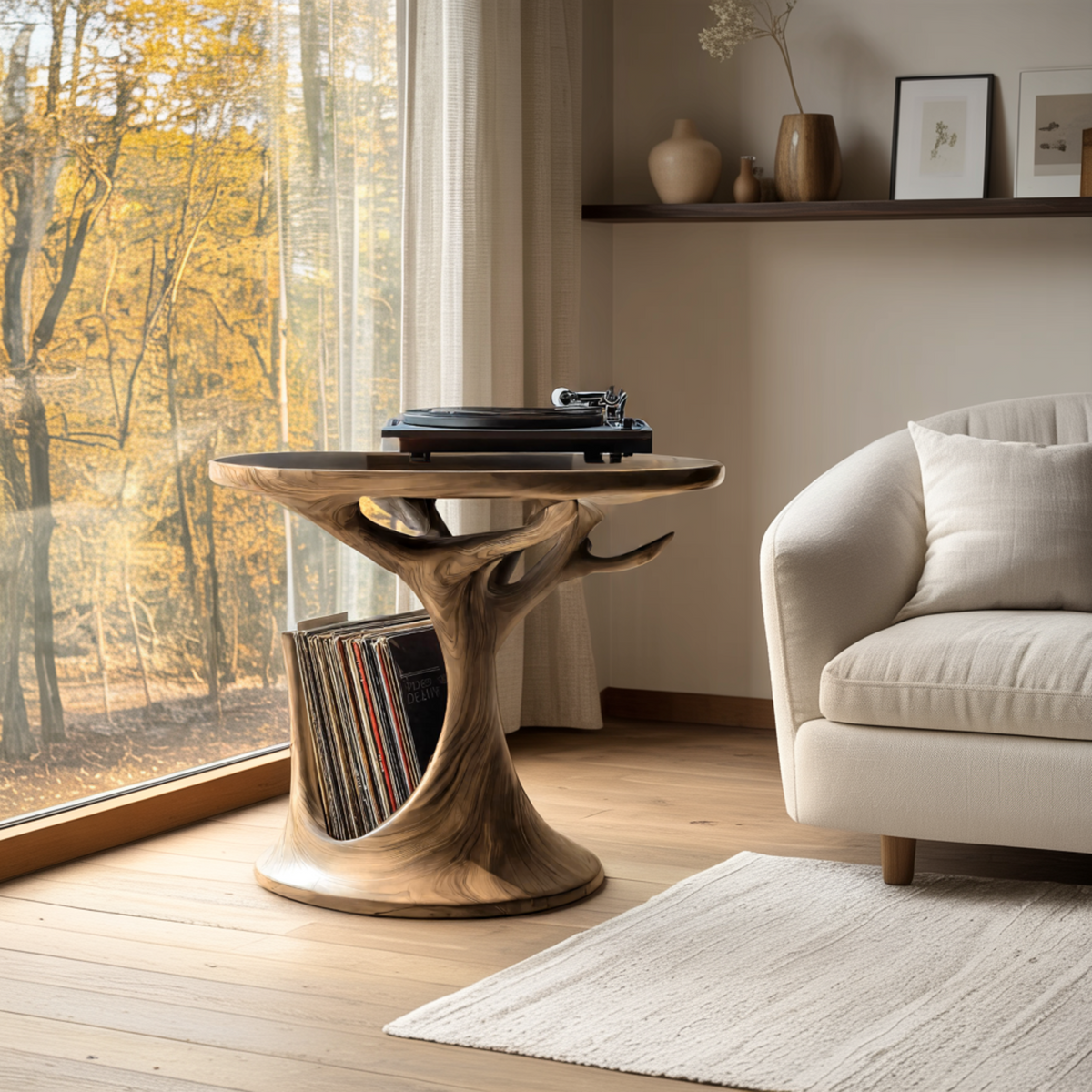 Treeform Sculpted Solid Wood Record Player Stand with Vinyl Storage - view 4
