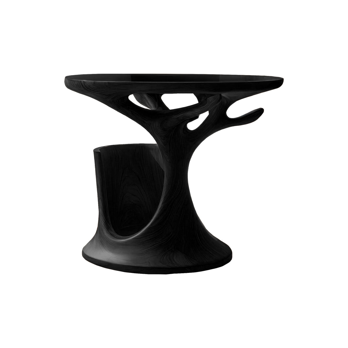 Treeform Sculpted Solid Wood Record Player Stand with Vinyl Storage in Black finish