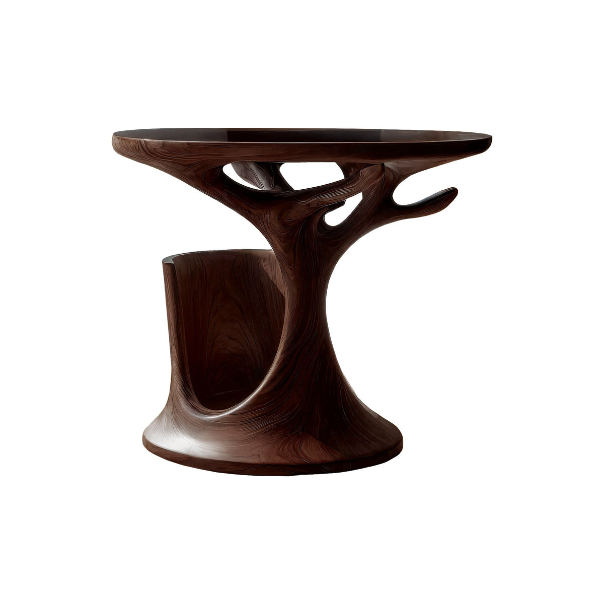 Treeform Sculpted Solid Wood Record Player Stand with Vinyl Storage in Dark Walnut finish