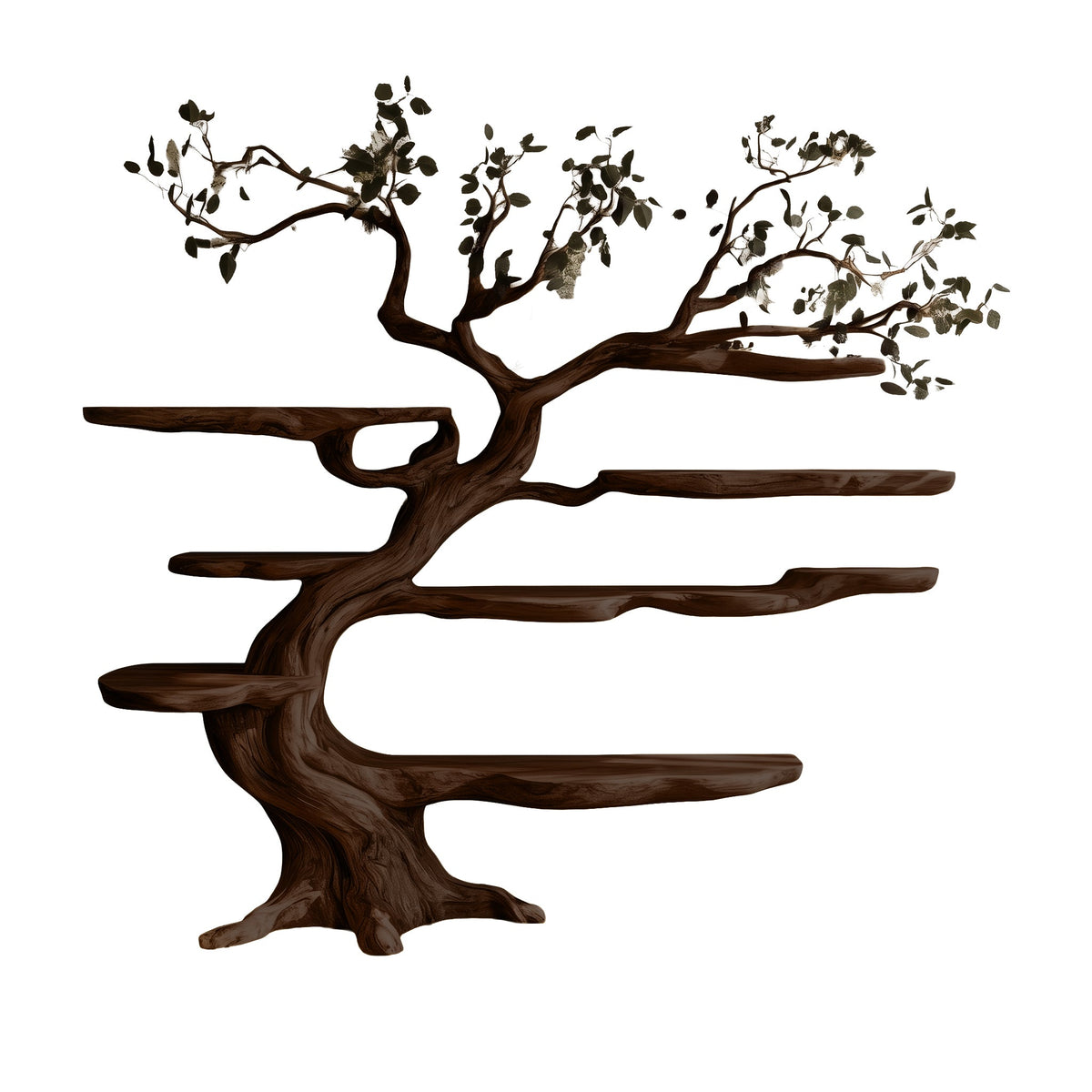 Sculpted Solid Hardwood Tree Bookshelf with Branching Shelves in Dark Walnut finish