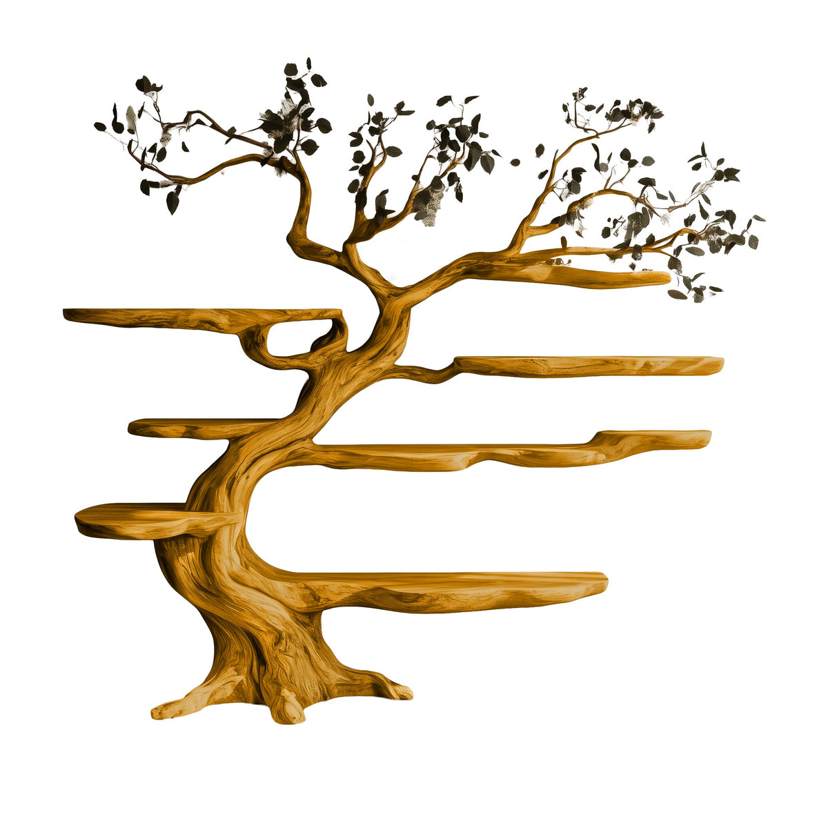 Sculpted Solid Hardwood Tree Bookshelf with Branching Shelves in Teak finish