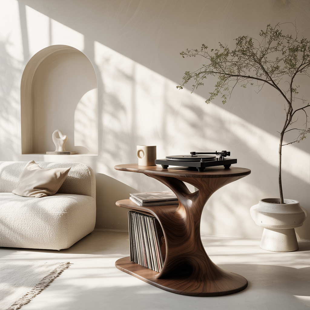Fluid Form Solid Wood Record Player Stand with Vinyl Storage