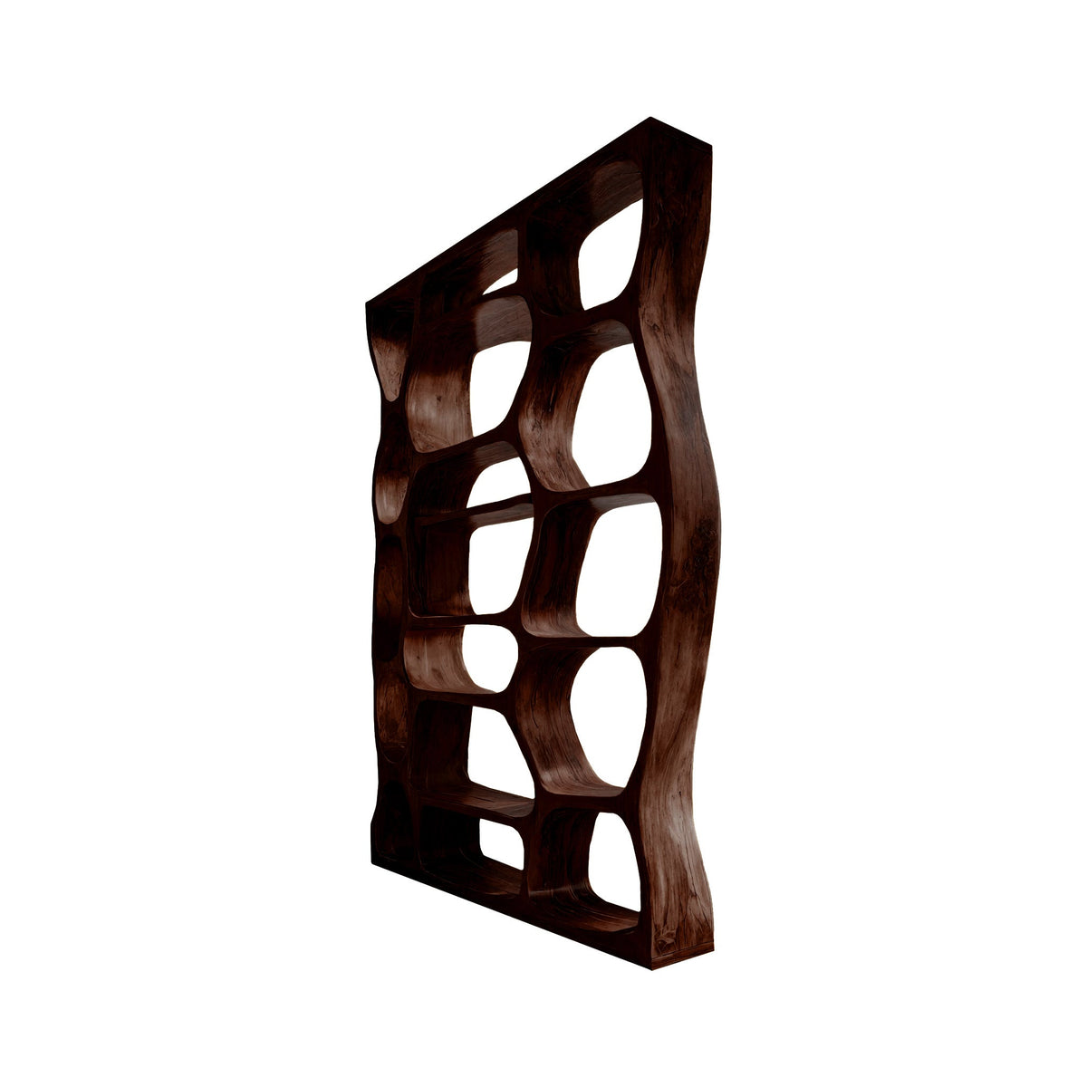 Sculpted Solid Hardwood Room Divider Bookshelf with Carved Openings in Dark Walnut finish