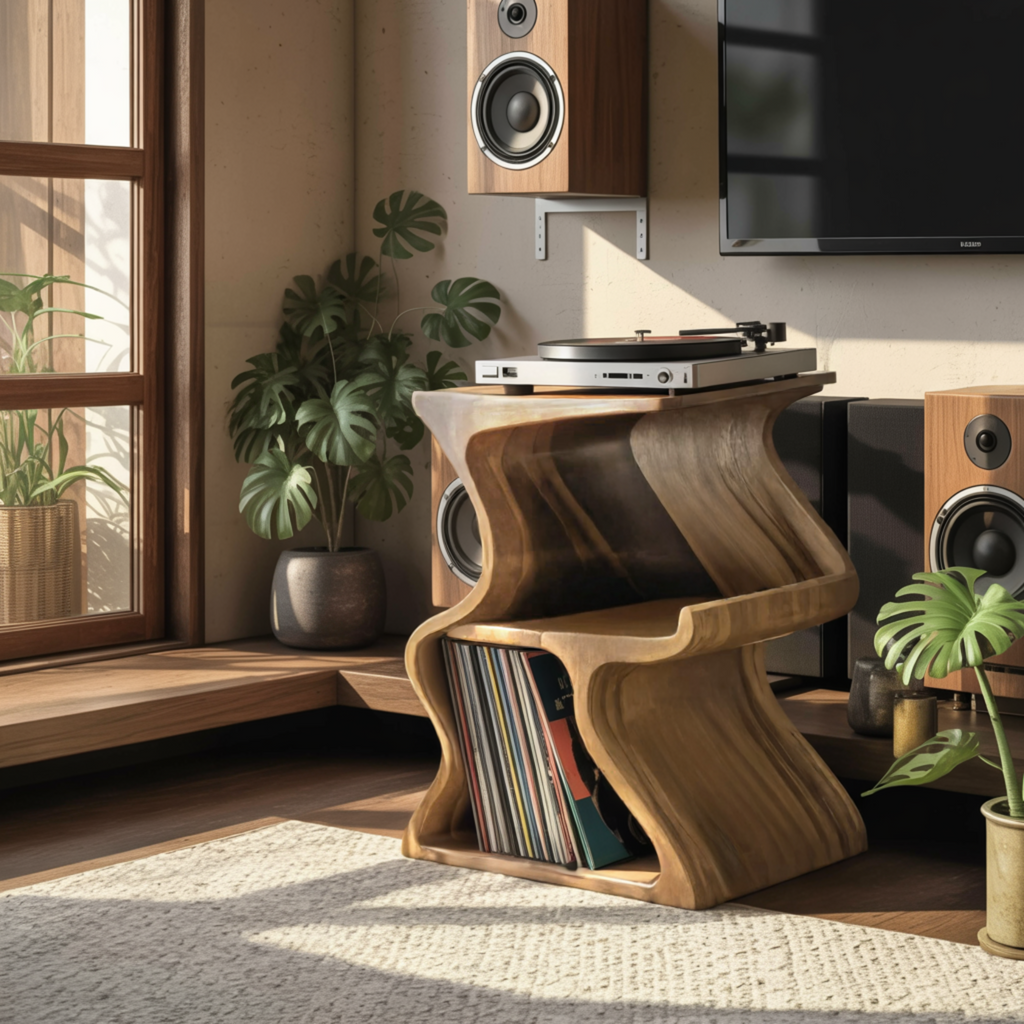 Solid Walnut Wave Record Player Stand with Vinyl Storage Tiers - view 4