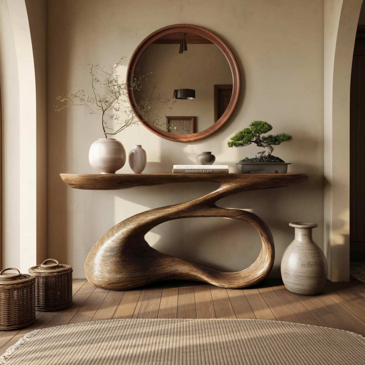 Solid Wood Console Table with Looping Sculptural Base