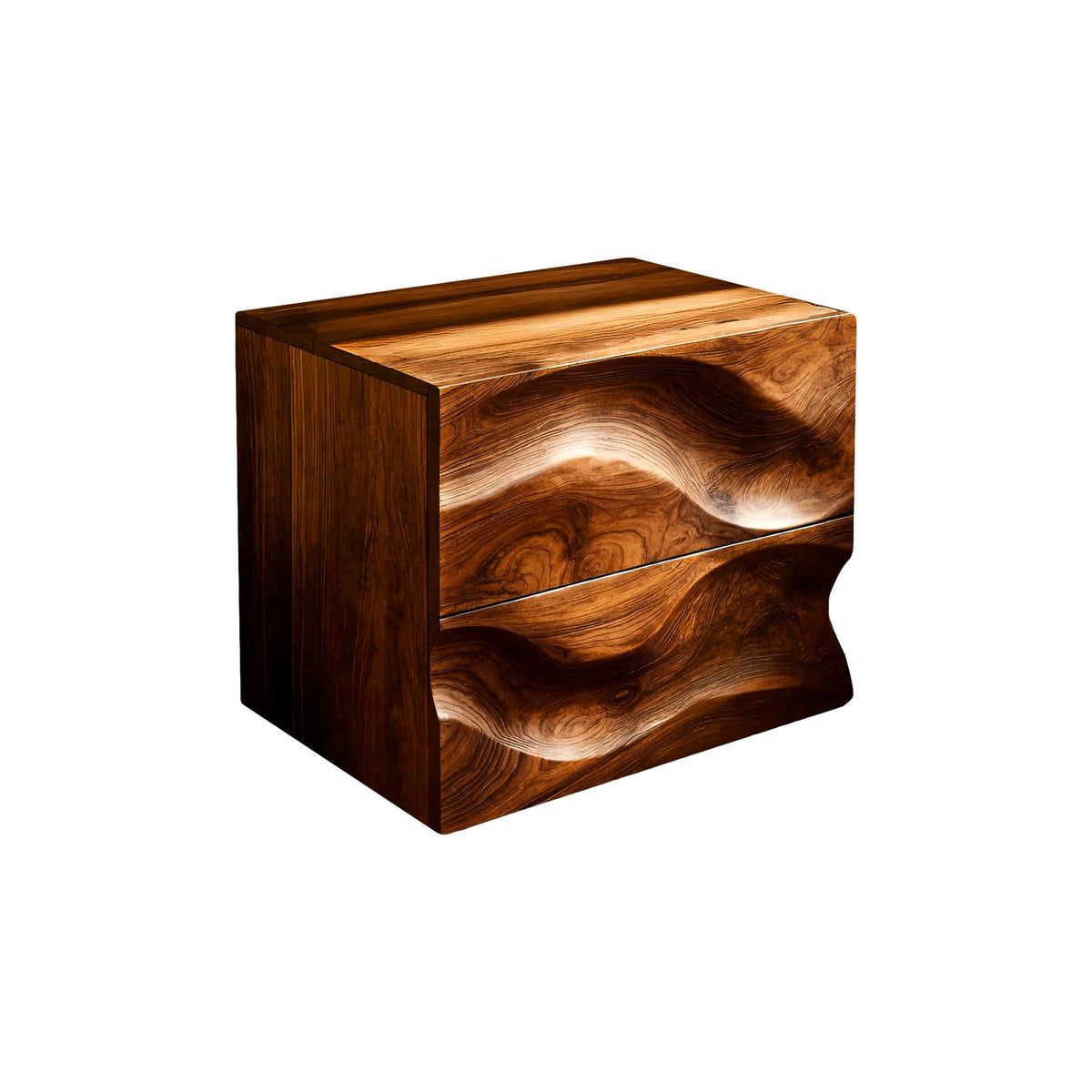 Hand-Carved Hardwood Wave Nightstand with Two Soft-Close Drawers in Brown finish