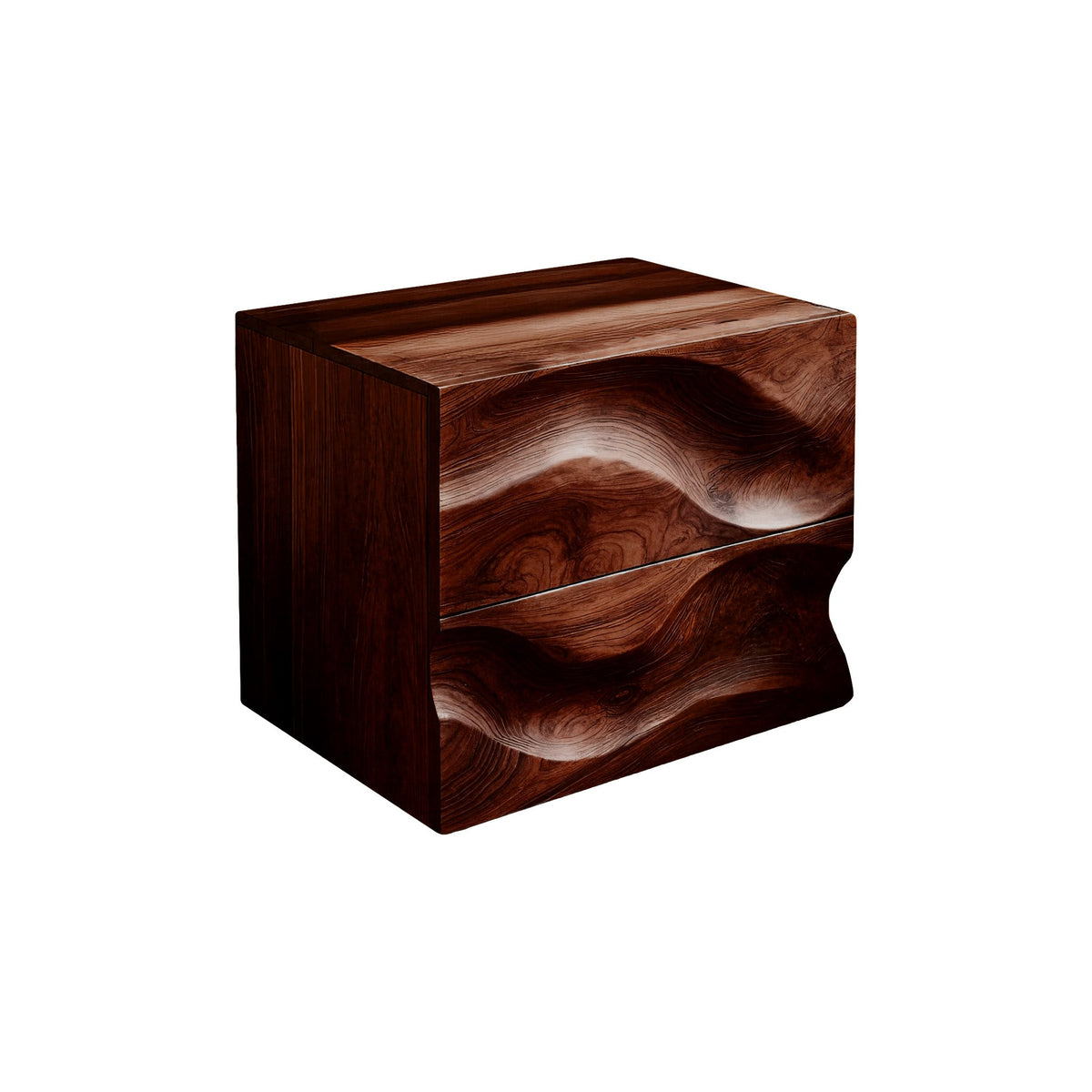 Hand-Carved Hardwood Wave Nightstand with Two Soft-Close Drawers in Dark Walnut finish