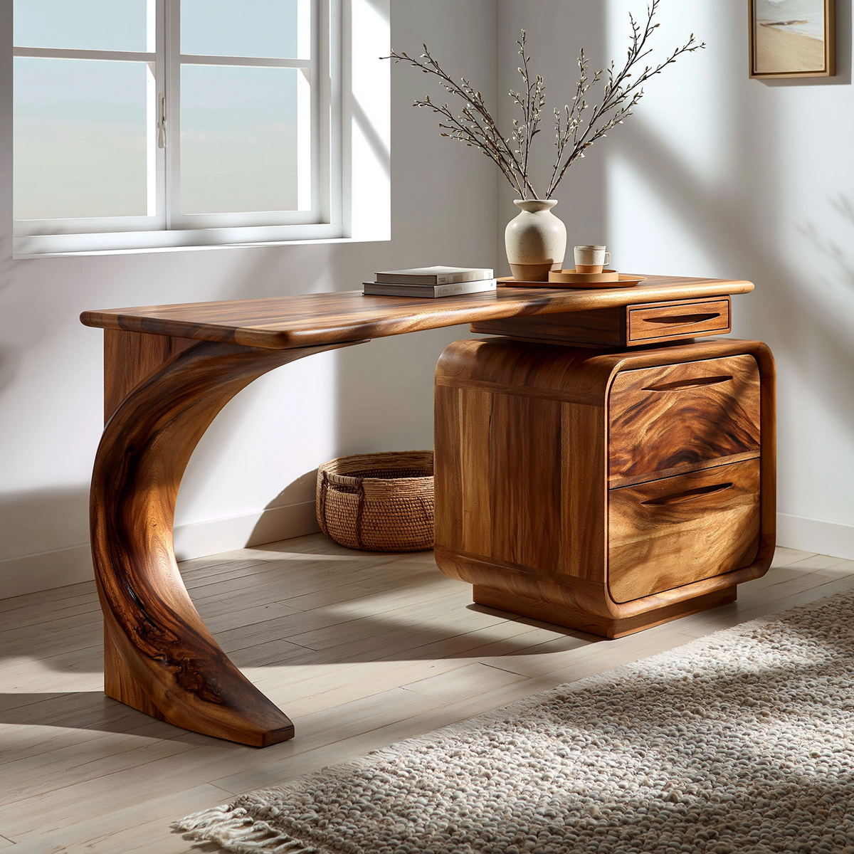 Solid Wood Waterfall Desk with Three-Drawer Pedestal