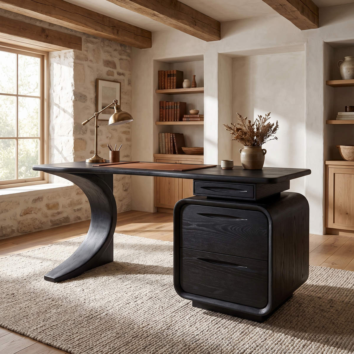 Solid Wood Waterfall Desk with Three-Drawer Pedestal in Black finish