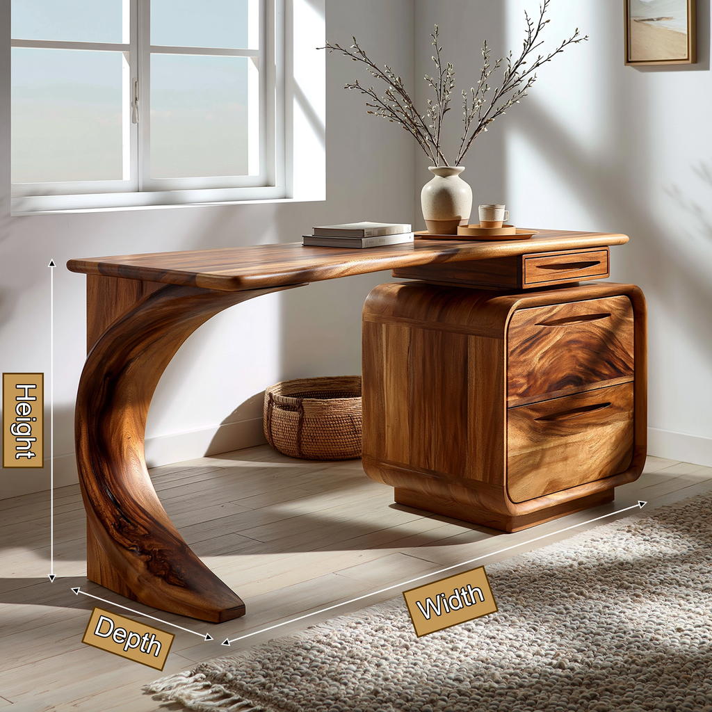 Solid Wood Waterfall Desk with Three-Drawer Pedestal - view 9