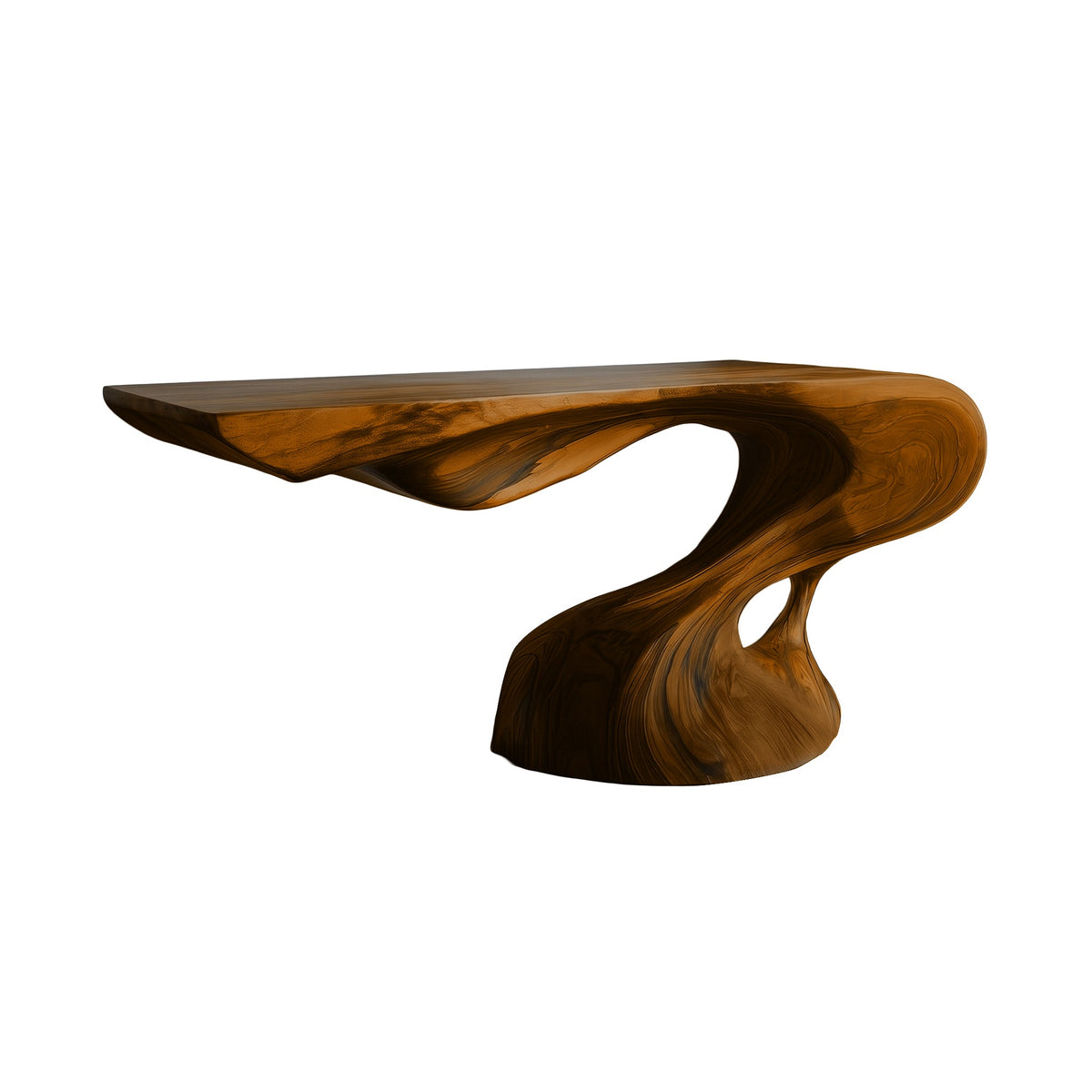 Sculpted Solid Hardwood Console Table with Flowing Pedestal Base in Brown finish