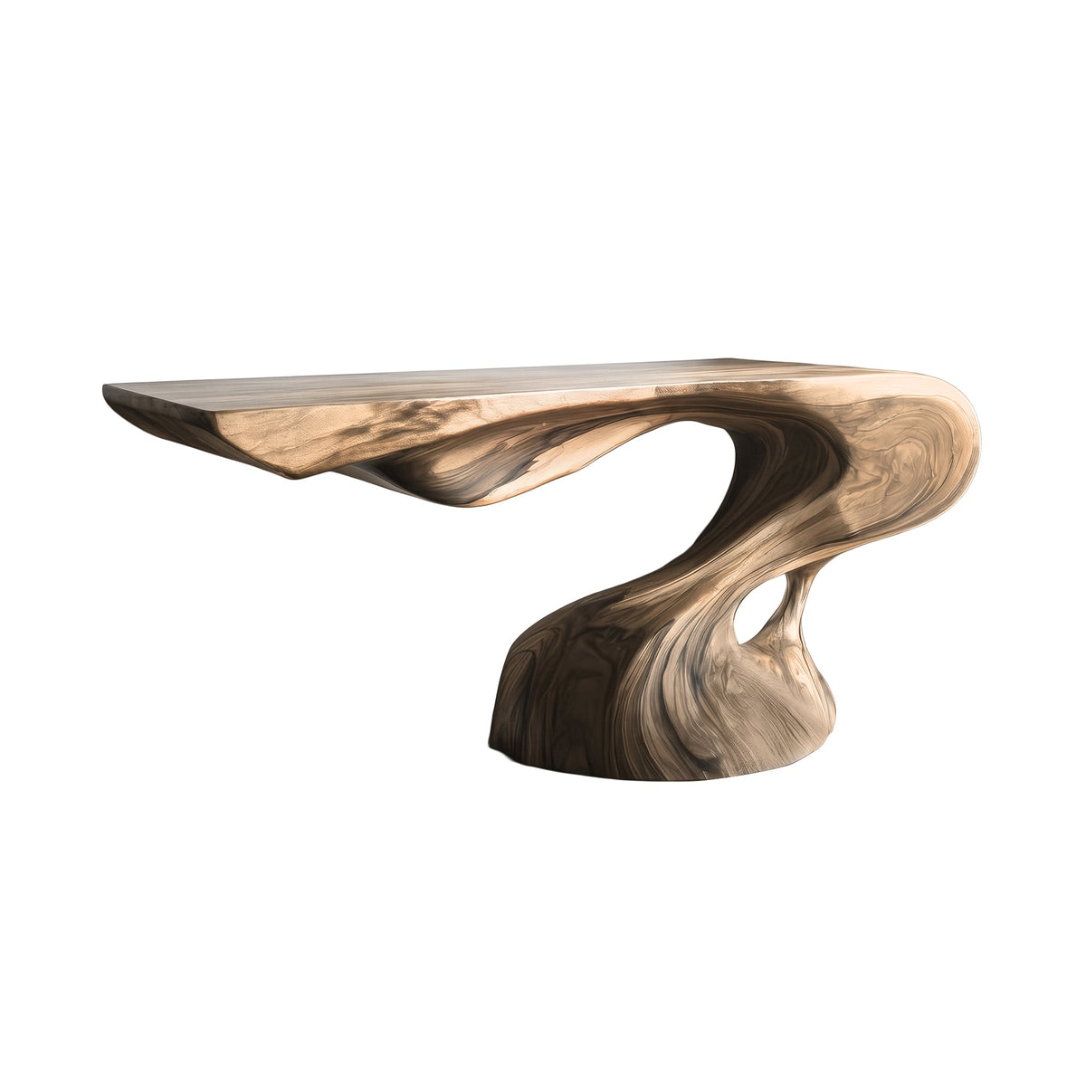 Sculpted Solid Hardwood Console Table with Flowing Pedestal Base in Natural Oak finish