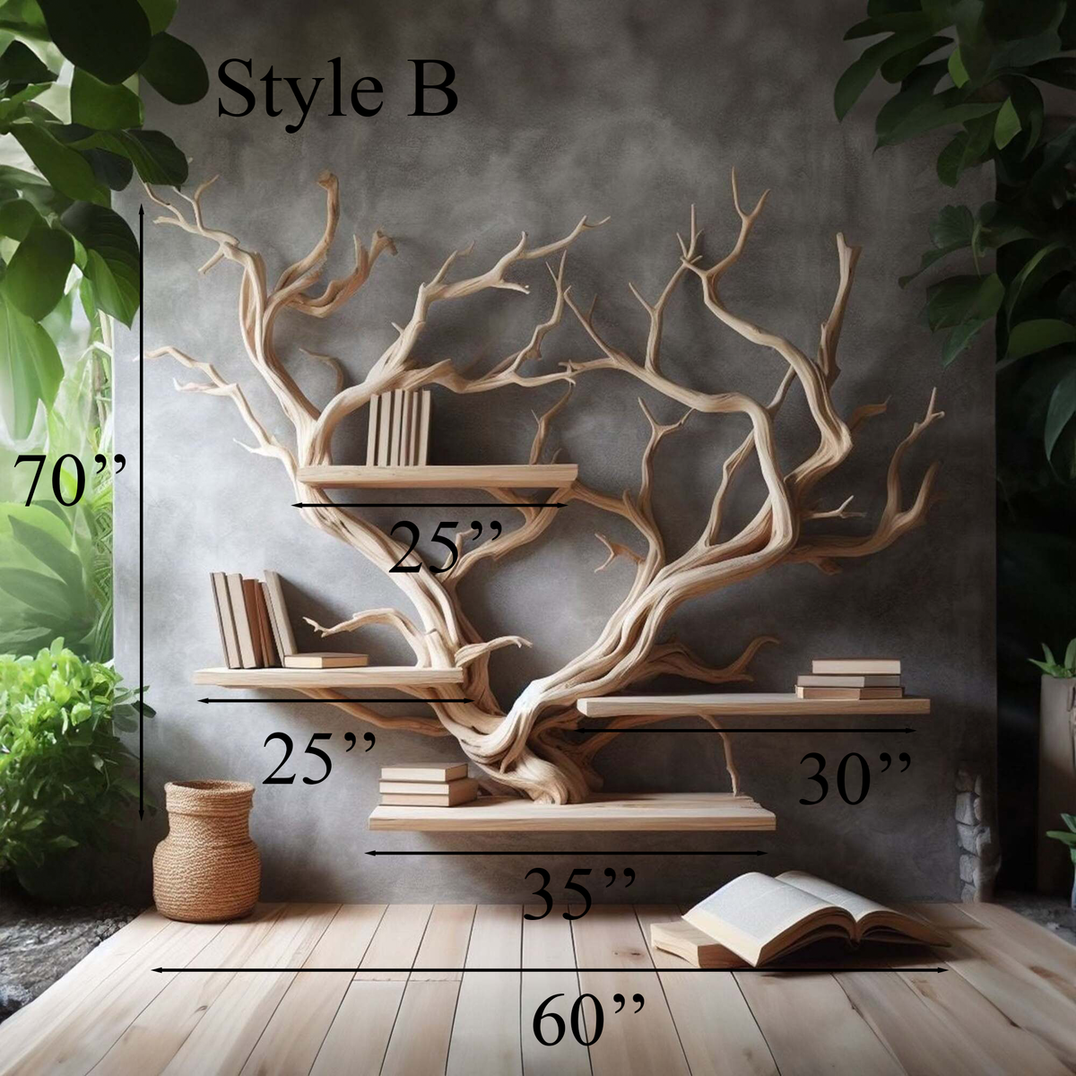 Rustic Driftwood Tree Wall Bookshelf for Home Office in Natural finish