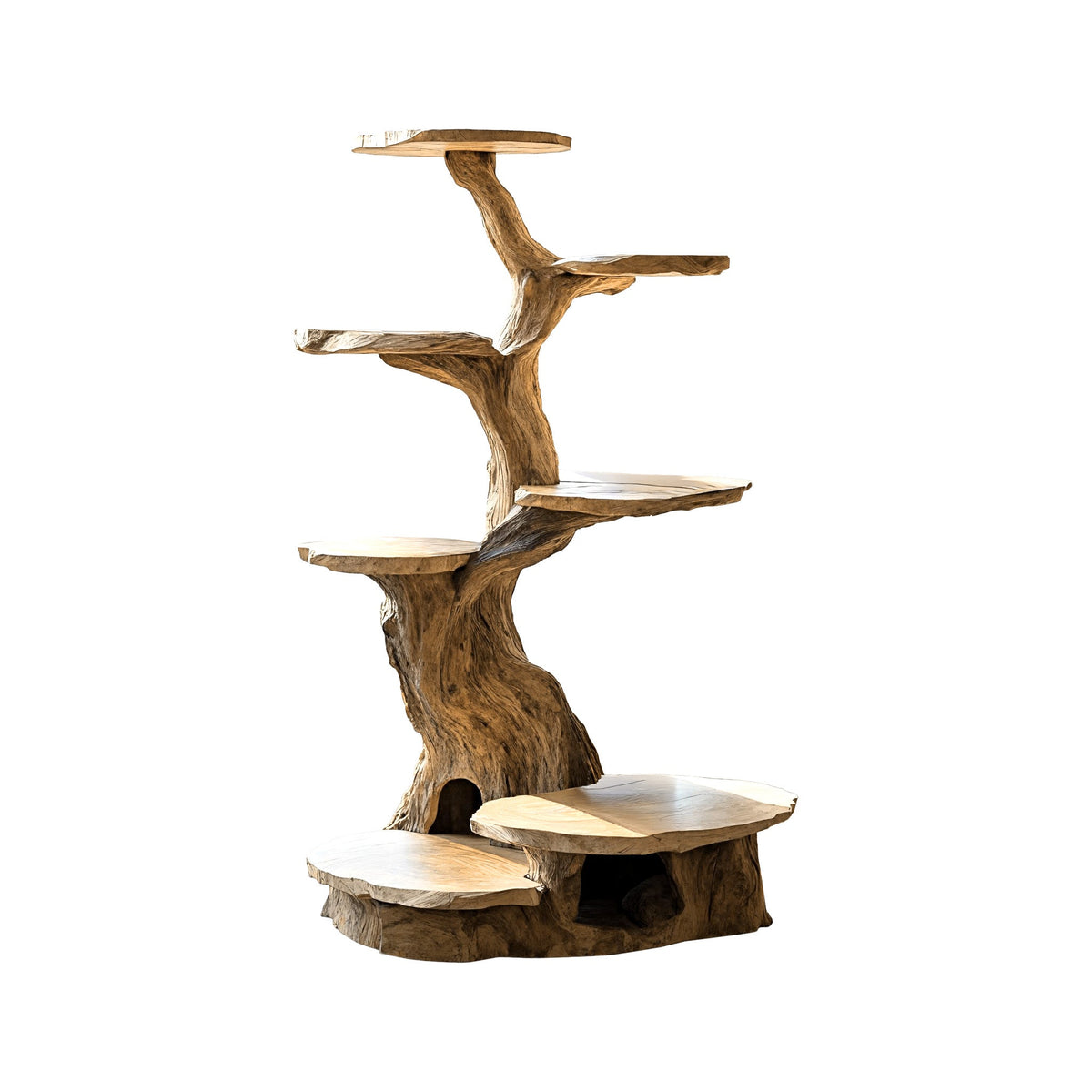 Branched Sculpted Solid Wood Cat Tree Shelf, Freestanding in Natural Oak finish