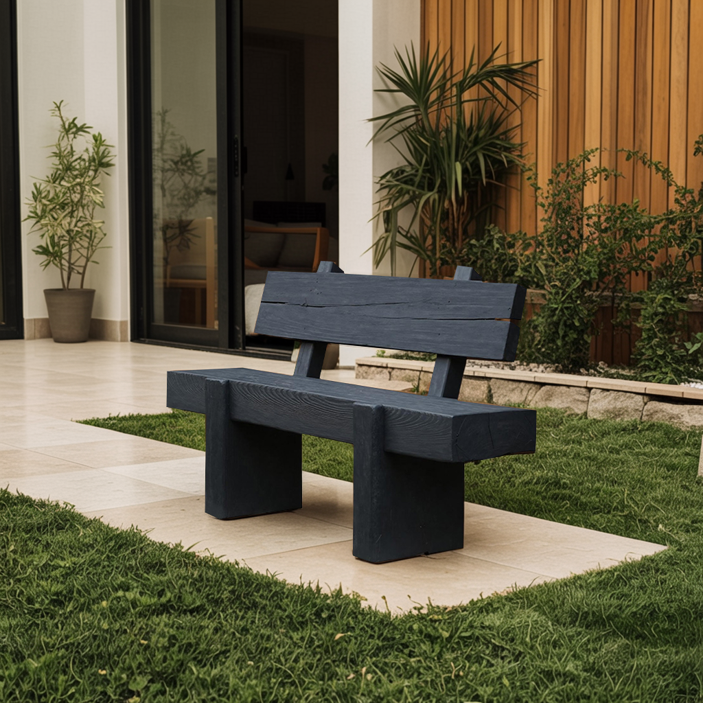 Charred Solid Wood Outdoor Bench with Reclined Backrest in Black finish