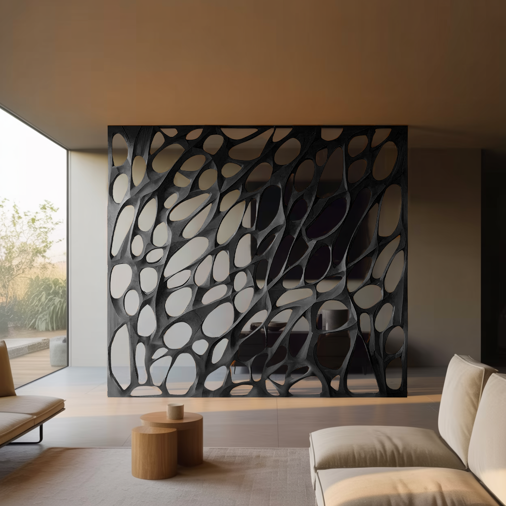 Modern Organic Solid Wood Room Divider with Cellular Openings in Black finish