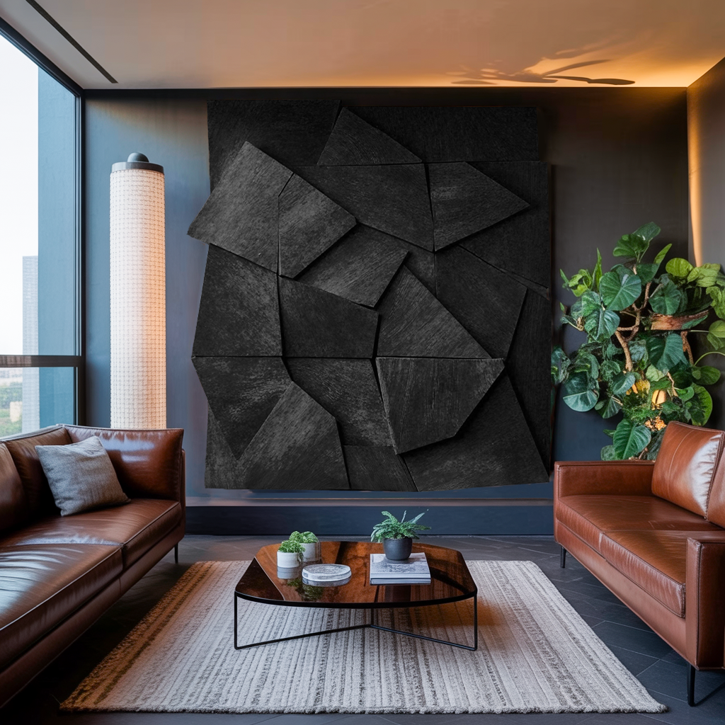 Solid Wood Geometric Wall Art with Layered Faceted Panels in Black finish