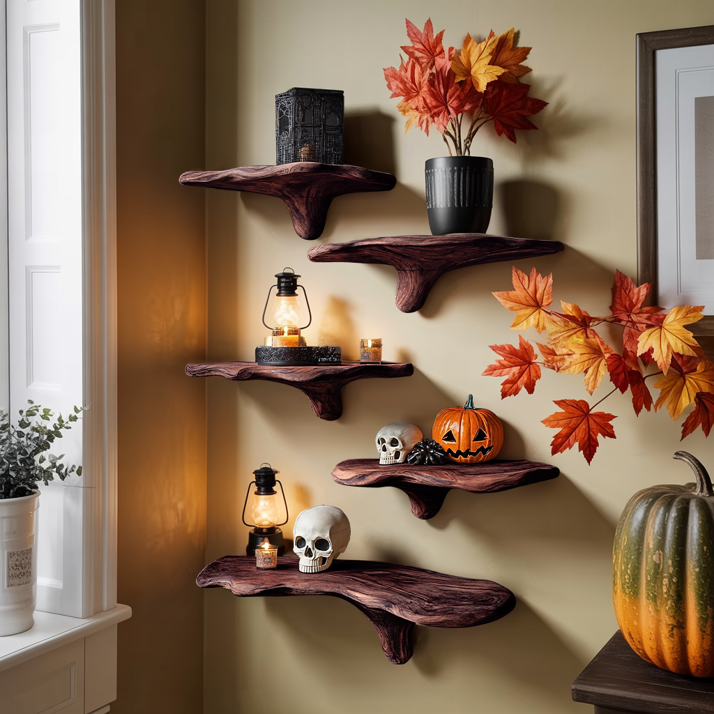 Live Edge Solid Wood Mushroom Floating Shelf, Mid-Century Style in Walnut finish
