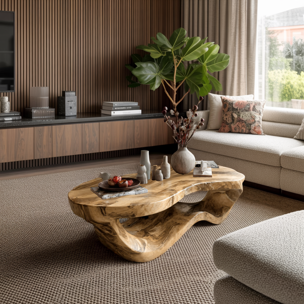 Sculpted Solid Hardwood Coffee Table with Wave-Like Base - view 4
