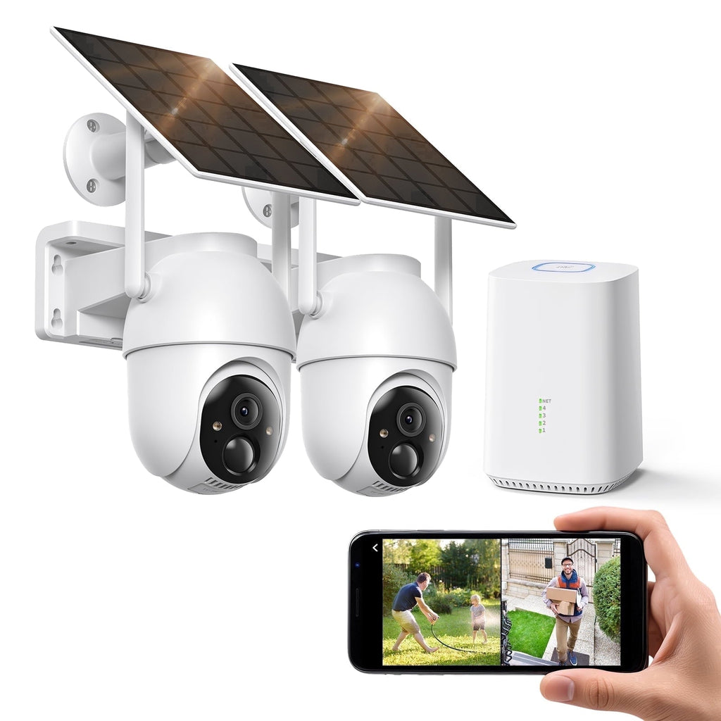 Conico 2-Pack Solar Security Camera System with Base Station, No Monthly Fee, 2K 360° PTZ Wireless Outdoor WiFi Camera, Night Vision