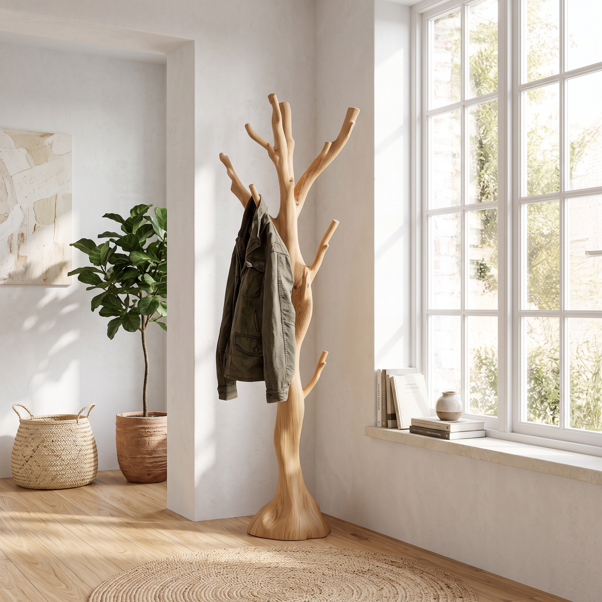 Rustic Driftwood Branch Tree Coat Rack with Optional Support Base in Oak finish