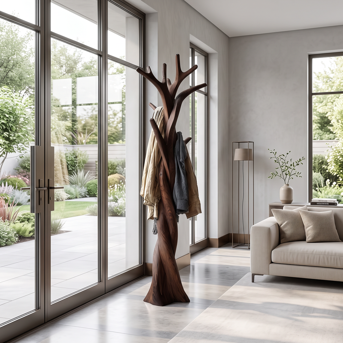 Twisted Tree Branch Solid Wood Coat Rack for Entryway in Walnut finish