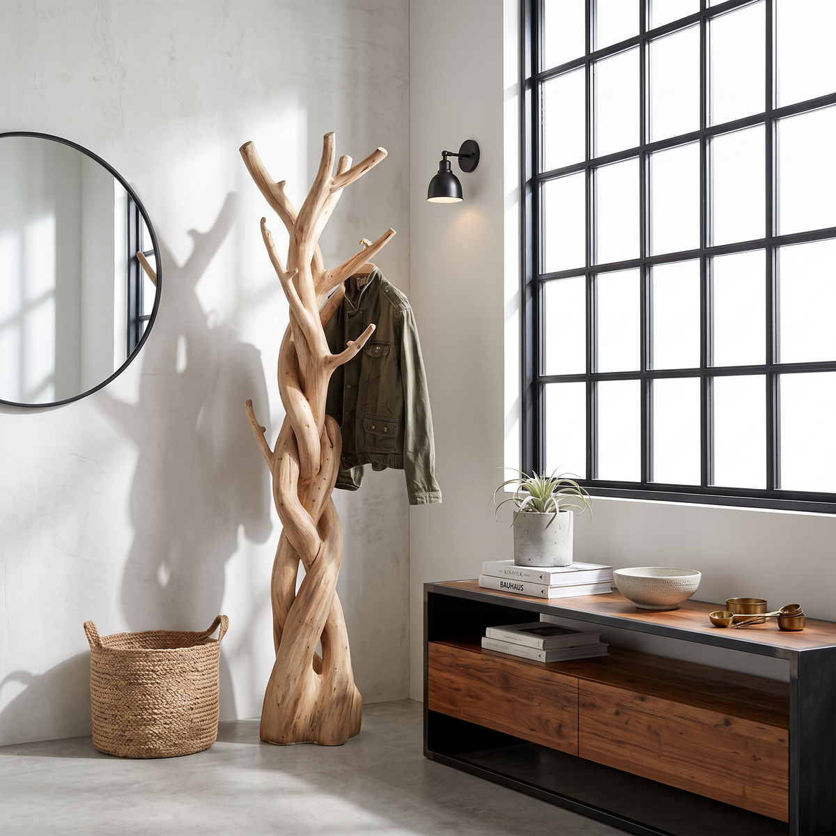 Driftwood Branch Tree Coat Rack for Bedroom or Closet in Oak finish