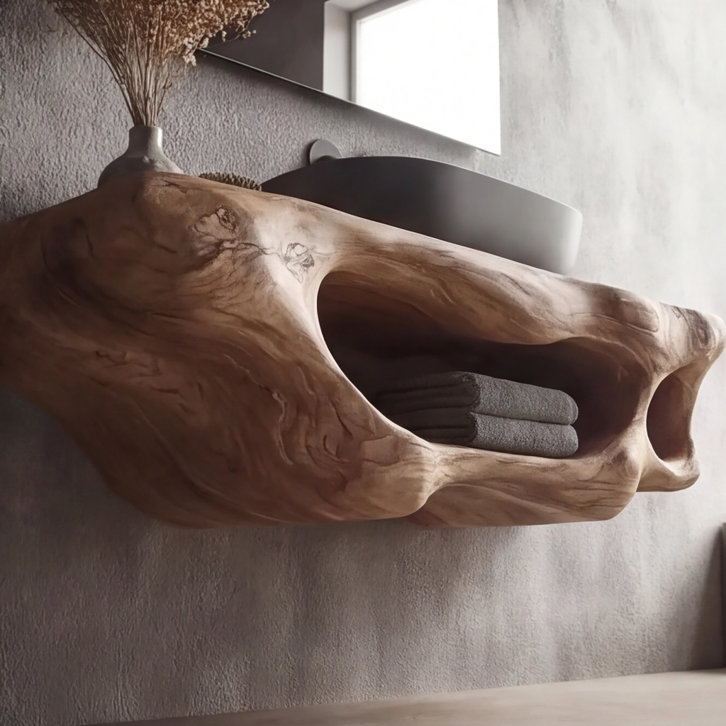 Sculpted Solid Wood Floating Vanity with Open Storage Cavities - view 2