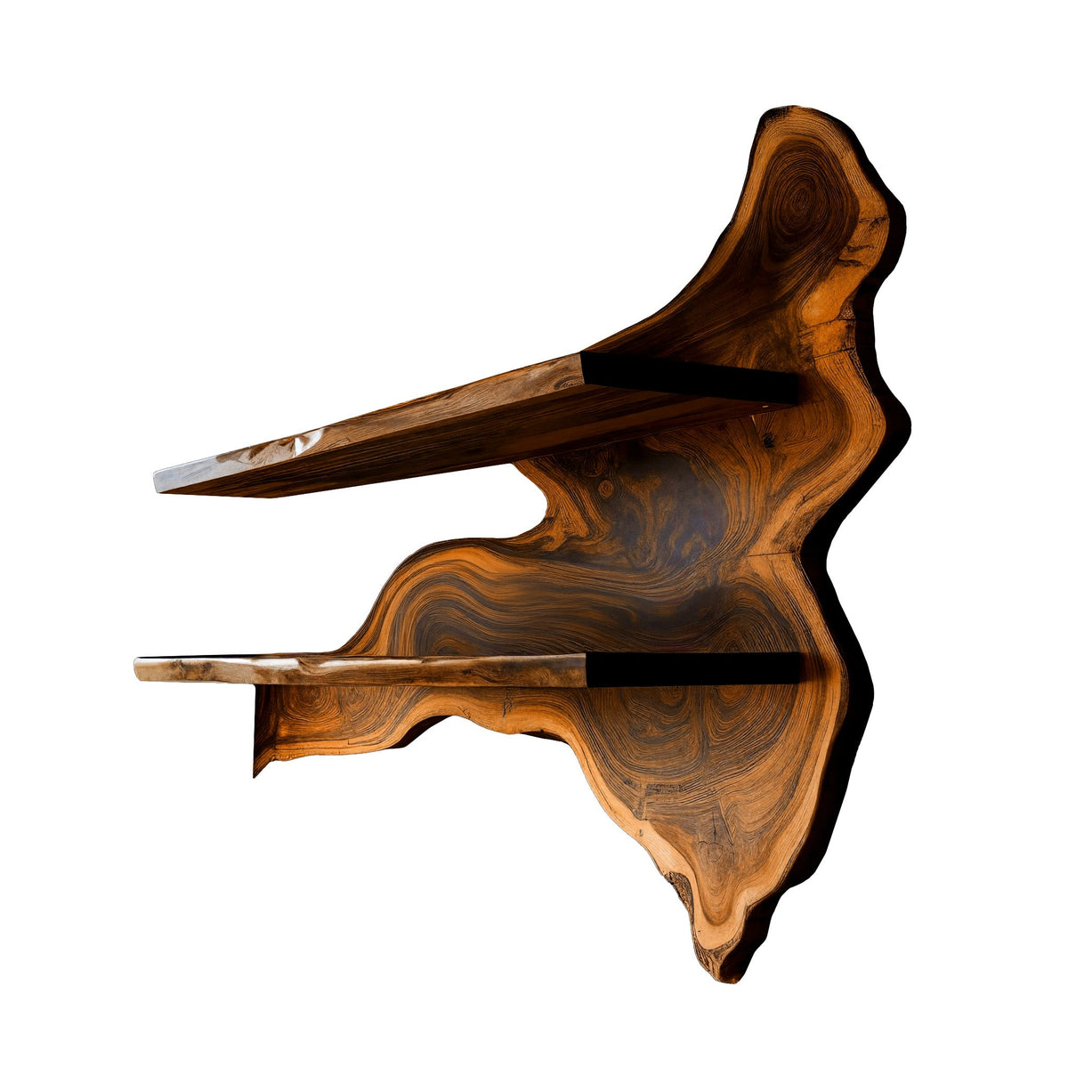 Live Edge Solid Wood Floating Wine Shelf with Sculpted Back Panel in Brown finish
