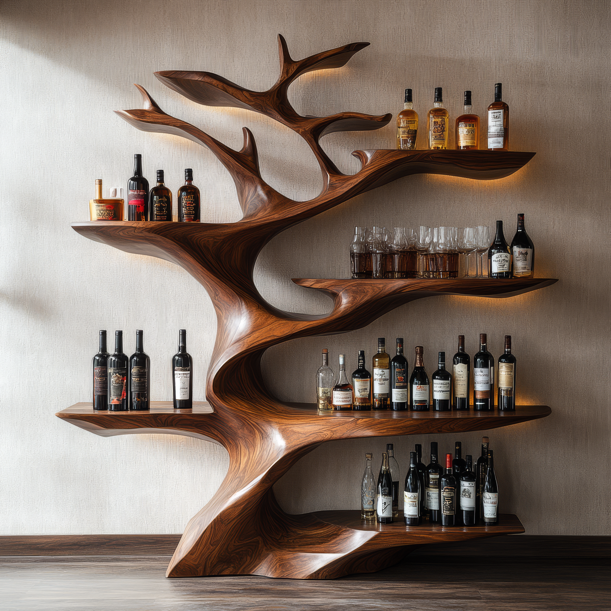 Sculptural Solid Hardwood Tree Wine Rack with Ambient Lighting