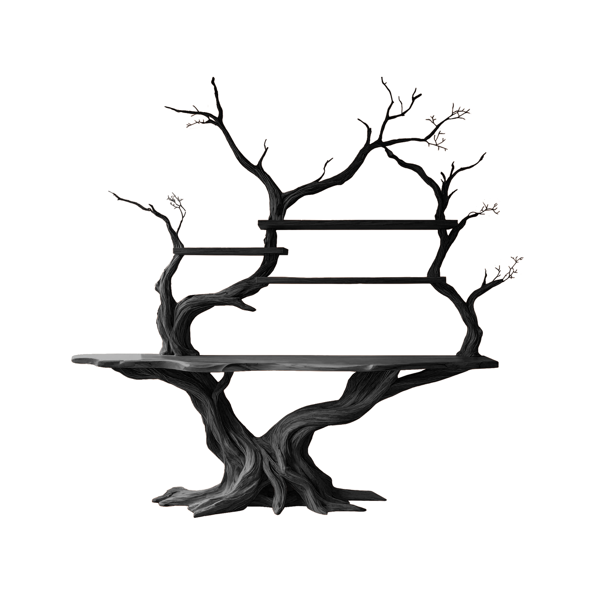 Tree Trunk Sculpted Solid Wood Console Table with Display Shelves in Black finish