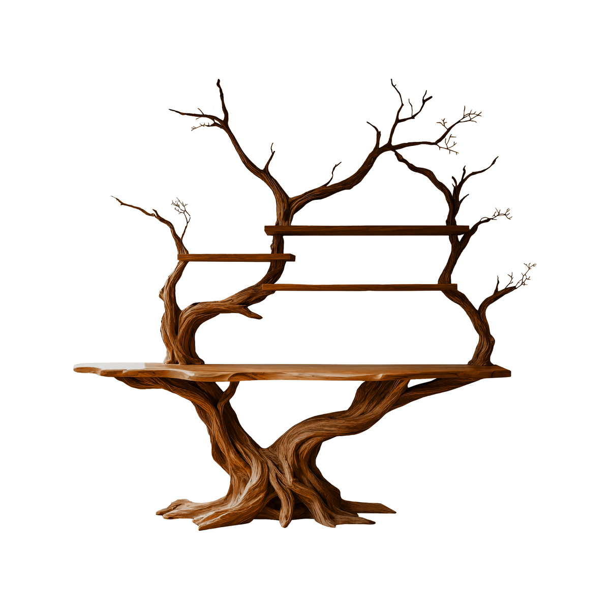 Tree Trunk Sculpted Solid Wood Console Table with Display Shelves in Brown finish