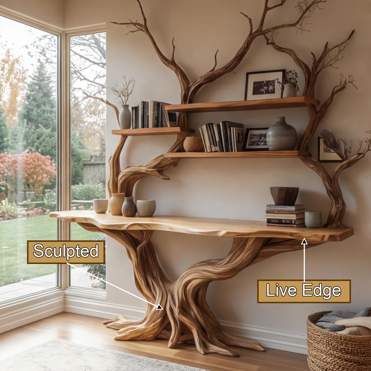 Tree Trunk Sculpted Solid Wood Console Table with Display Shelves - view 3