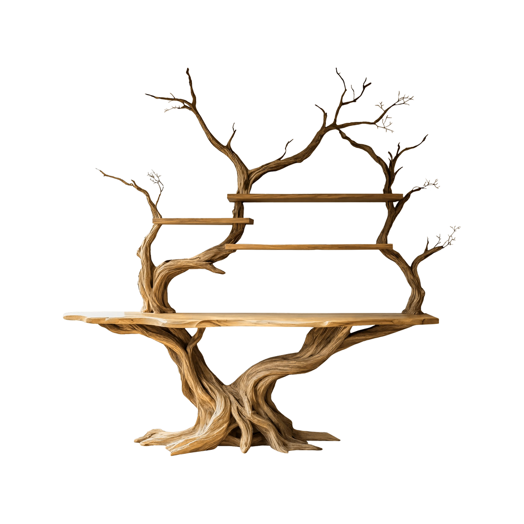 Tree Trunk Sculpted Solid Wood Console Table with Display Shelves in Natural Oak finish