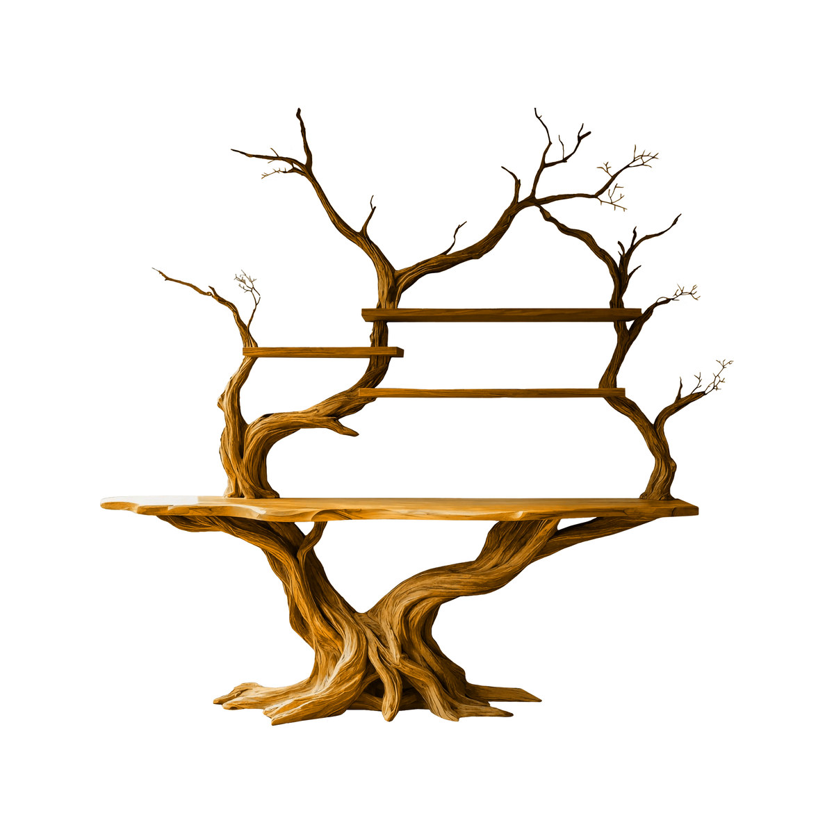 Tree Trunk Sculpted Solid Wood Console Table with Display Shelves in Teak finish